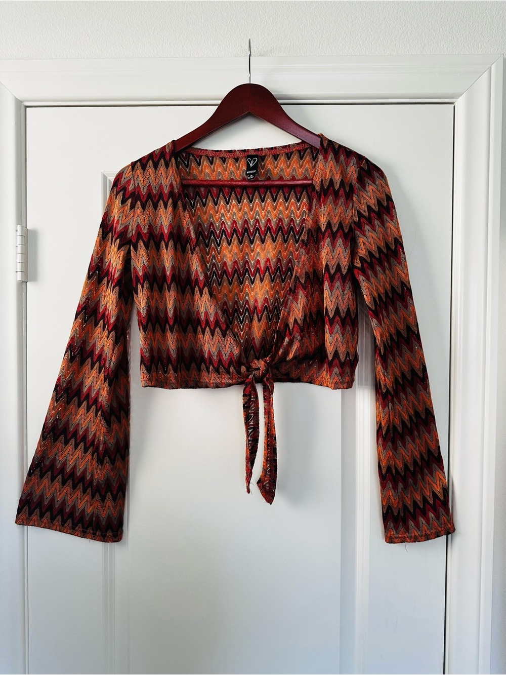 Windsor Boho Chevron Tie Front Cardigan 70s Fall Sweater Size Medium Rust Orange